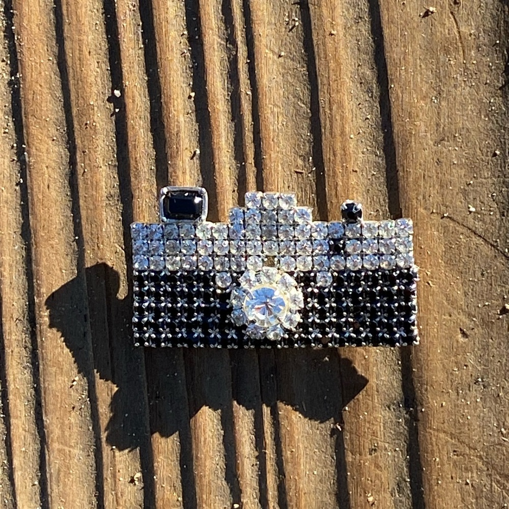 Bundle 3 for 50% off 1980s Black and Clear Rhinestone Camera Pin